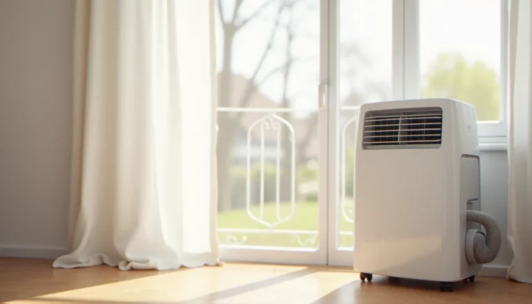 Climatiseur mobile blanc installé près d'une fenêtre dans un appartement lumineux, avec tuyau d'évacuation flexible illustrant le principe de fonctionnement d'un climatiseur mobile
