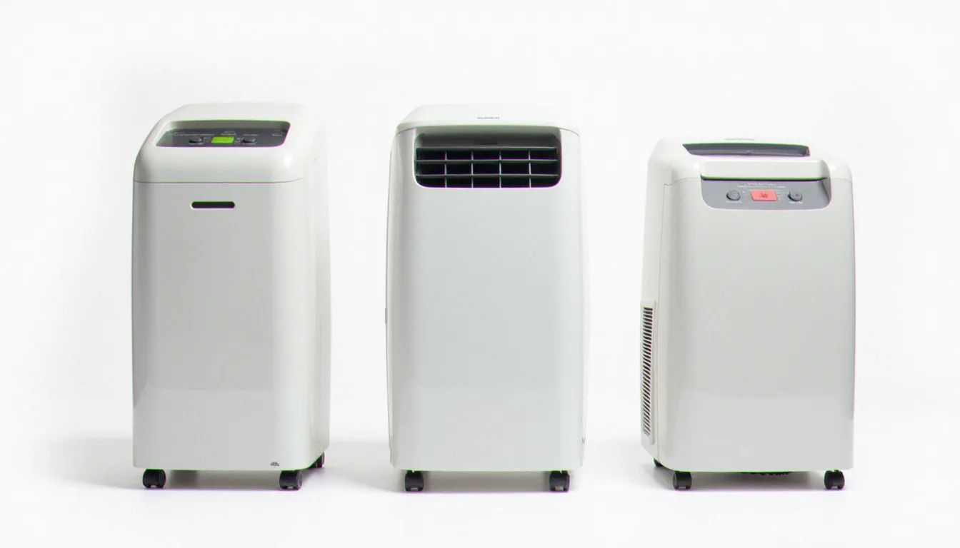 Comparaison de trois types de climatiseurs mobiles côte à côte, simple gaine, double gaine et split portable, pour illustrer les différences de modèles