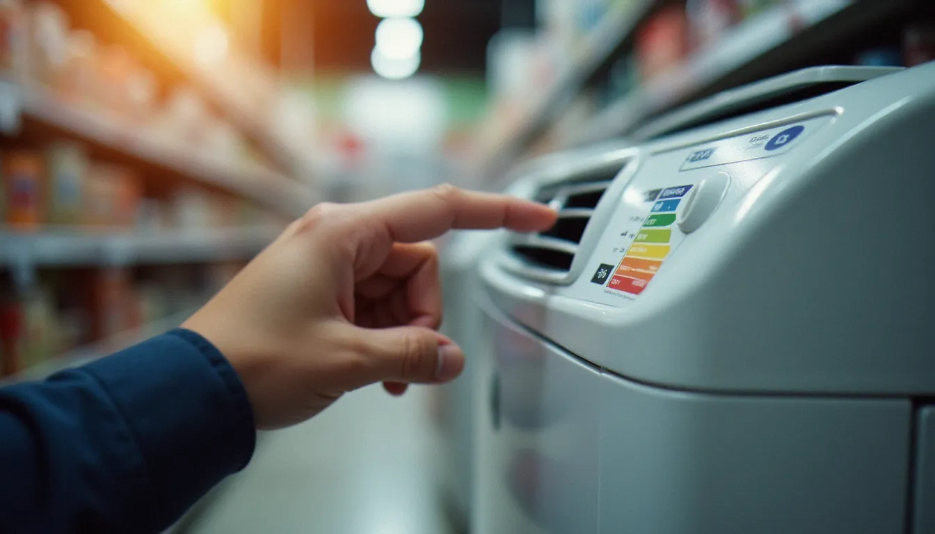 Étiquette énergétique classe A++ sur un climatiseur mobile en magasin, illustrant l'importance de la classe énergétique dans le choix d'un appareil