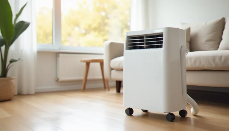 Climatiseur mobile blanc positionné dans un salon lumineux, illustrant le guide pour choisir son climatiseur mobile