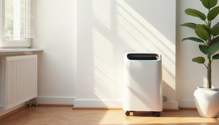 Climatiseur mobile efficace installé dans un salon moderne lumineux avec tuyau d'évacuation raccordé à la fenêtre pour un avis positif de l'utilisateur