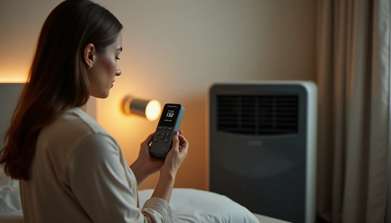 Mesure du niveau sonore d'un climatiseur mobile à l'aide d'un sonomètre numérique dans une chambre à coucher moderne