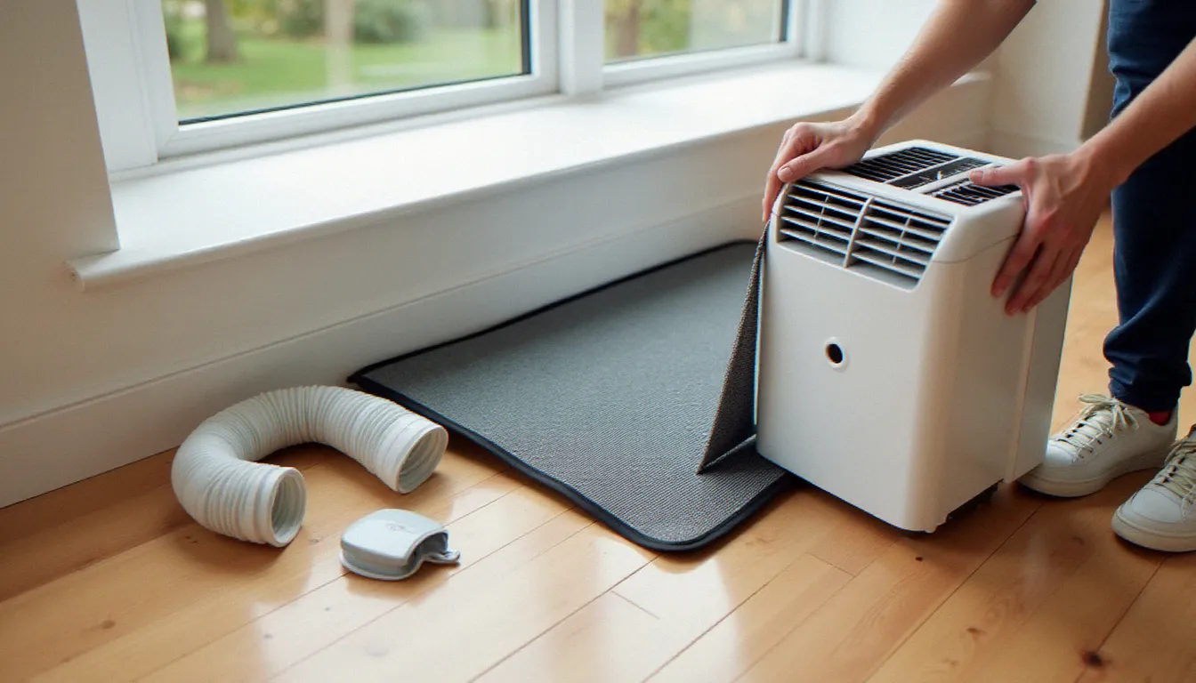 Installation optimisée d'un climatiseur mobile avec tapis anti-vibrations et kit d'occultation de fenêtre pour réduire le bruit et améliorer l'efficacité