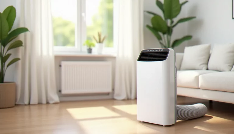 Climatiseur mobile efficace et silencieux installé dans un salon lumineux avec conduit d'évacuation raccordé à la fenêtre