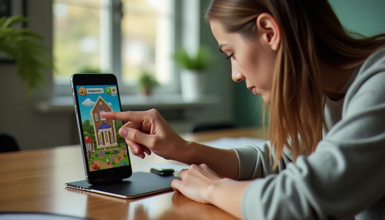 Joueur débutant consultant un cookie clicker mobile guide sur son smartphone posé sur un bureau en bois, doigt prêt à taper l'écran
