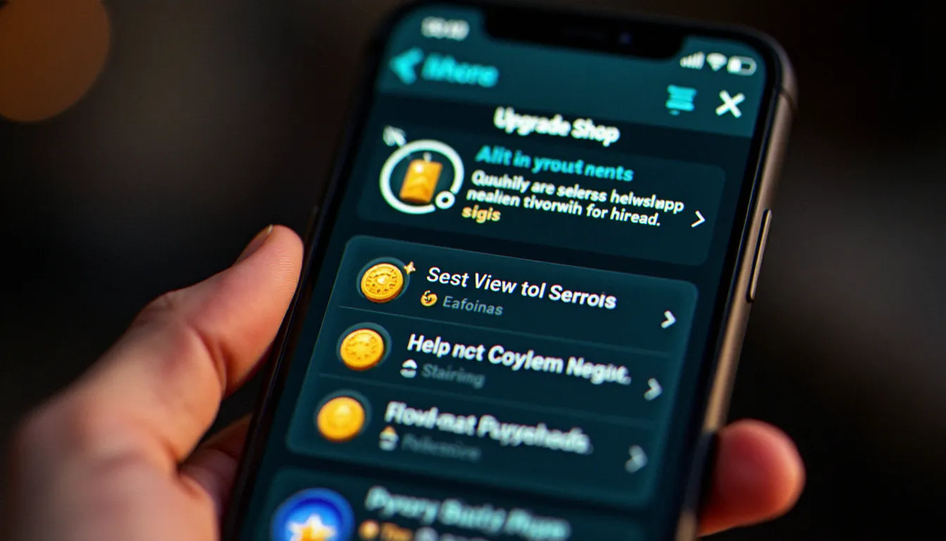 Écran de smartphone en gros plan affichant la boutique d'upgrades avancés d'un jeu idle clicker, illustrant les mécaniques d'amélioration du cookie clicker mobile guide