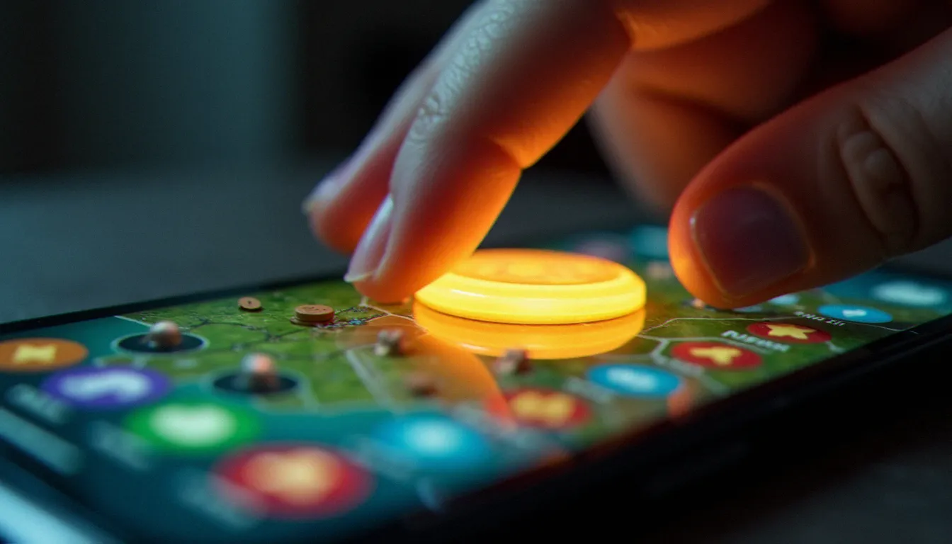 Main tapotant l'écran d'un smartphone affichant l'interface du cookie clicker mobile guide avec compteurs et bâtiments visibles