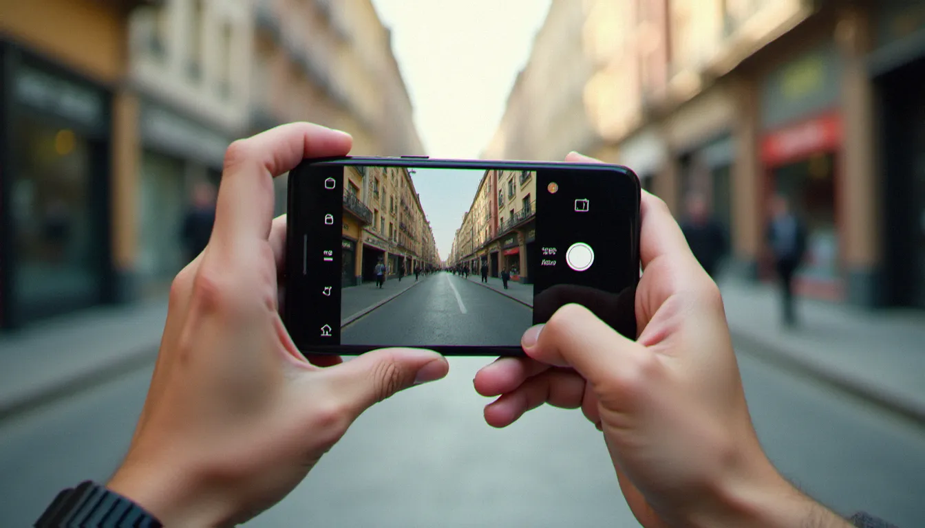 Mains tenant un smartphone Android 2025 avec l'interface caméra multi-capteurs ouverte, en extérieur en ville avec lumière naturelle