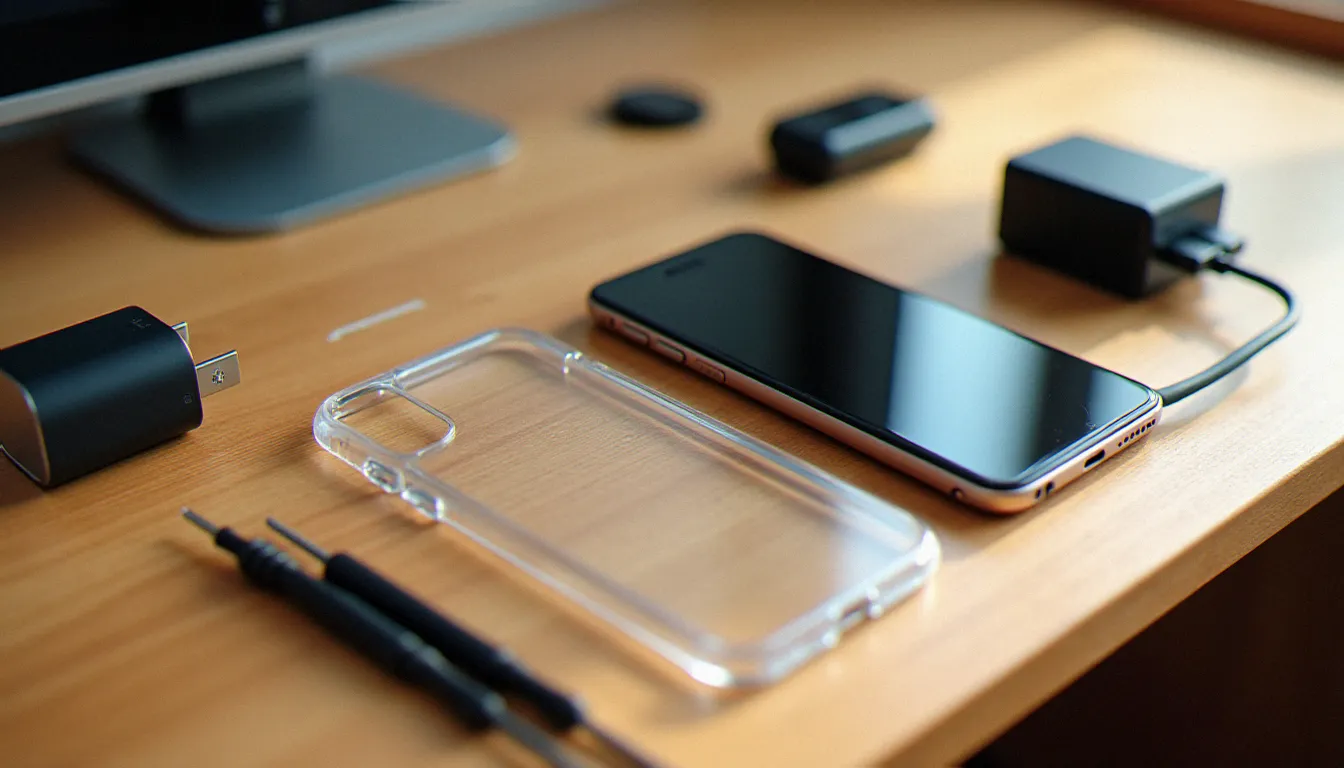 Accessoires de protection et de charge pour smartphone en 2025 disposés sur un bureau en bois, incluant coque, verre trempé et chargeur rapide USB-C