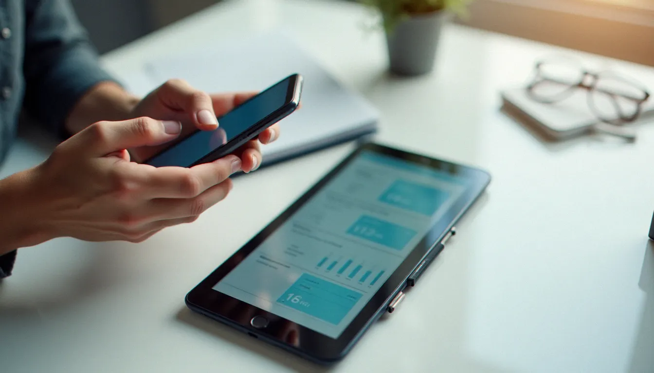 Des mains tenant un smartphone tout en consultant un comparateur de mobiles sur tablette posée à plat sur un bureau blanc épuré