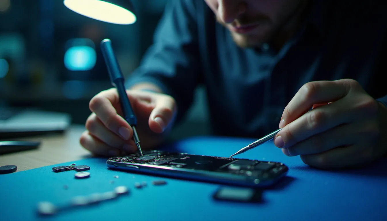 Un technicien mobile démonte méthodiquement un smartphone avec des outils de précision dans un atelier professionnel pour vérifier ses composants internes réels