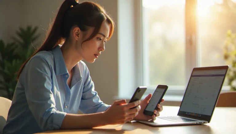 Une technicienne mobile compare deux smartphones côte à côte sur un bureau lumineux, illustrant l'usage méthodique d'un meilleur mobile comparateur