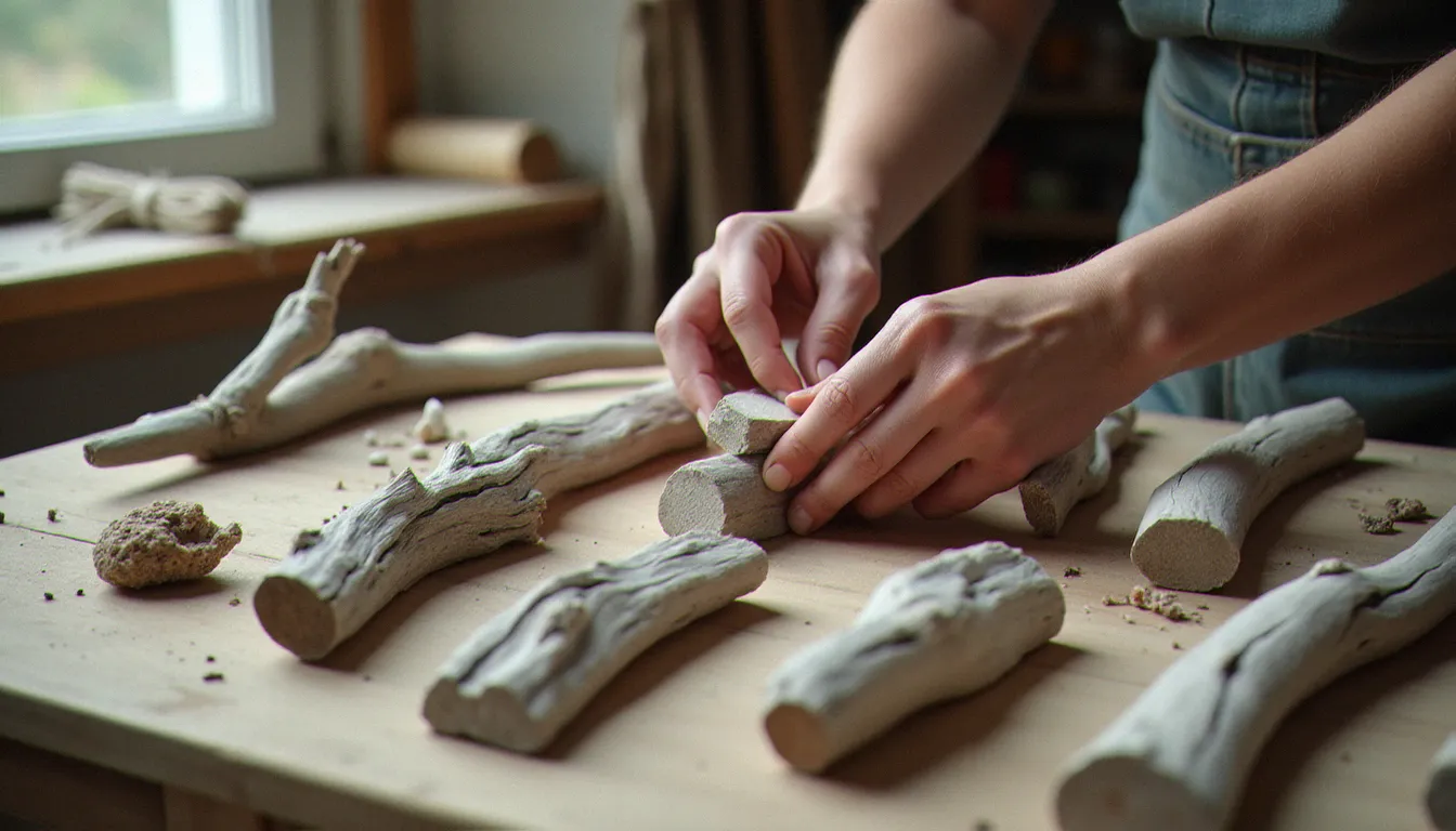 Mains d'un artisan sélectionnant des morceaux de bois flotté de différentes tailles et formes sur une table d'atelier en bois