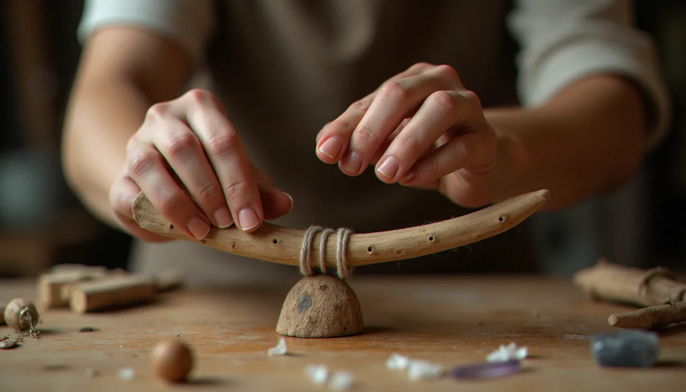 Artisan cherchant le point d'équilibre d'une branche en bois flotté sur son index lors de l'assemblage d'un mobile décoratif