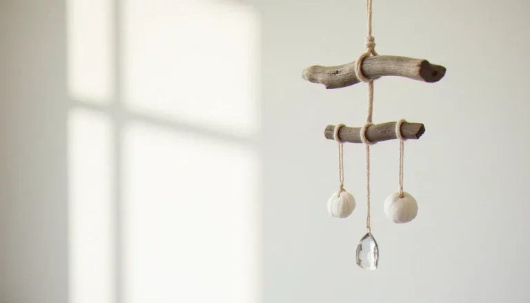 Mobile artisanal en bois flotté suspendu devant une fenêtre lumineuse, avec des coquillages et des cristaux pendants sur fil de lin naturel