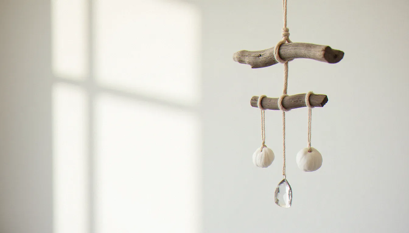 Mobile artisanal en bois flotté suspendu devant une fenêtre lumineuse, avec des coquillages et des cristaux pendants sur fil de lin naturel