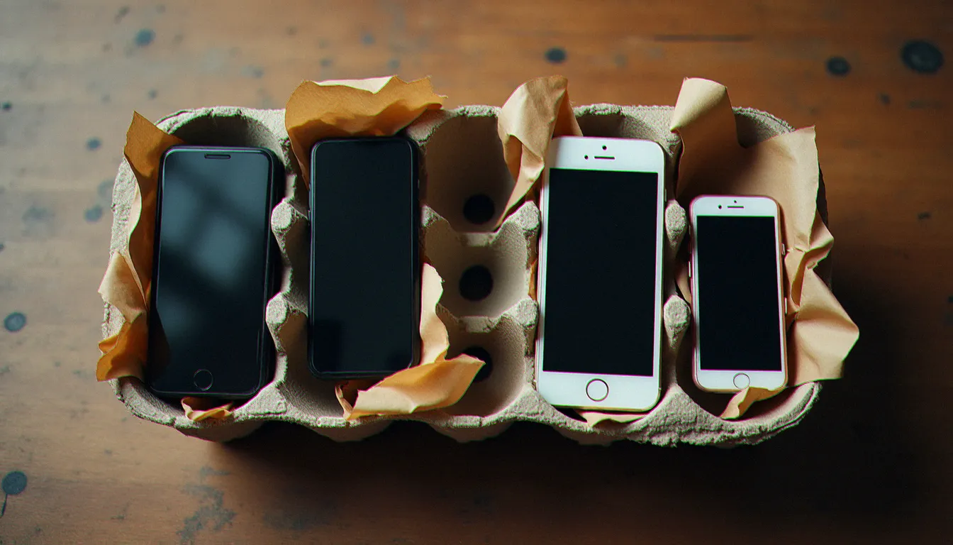 Vue de dessus de plusieurs mobiles protégés dans les alvéoles d'une boite a oeuf rembourrée de papier journal pour un transport sécurisé d'urgence