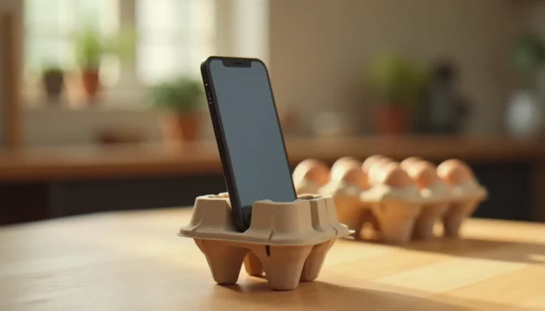 Smartphone posé verticalement dans un alvéole de boite a oeuf en carton sur un établi d'atelier, illustrant la technique mobile avec boite a oeuf