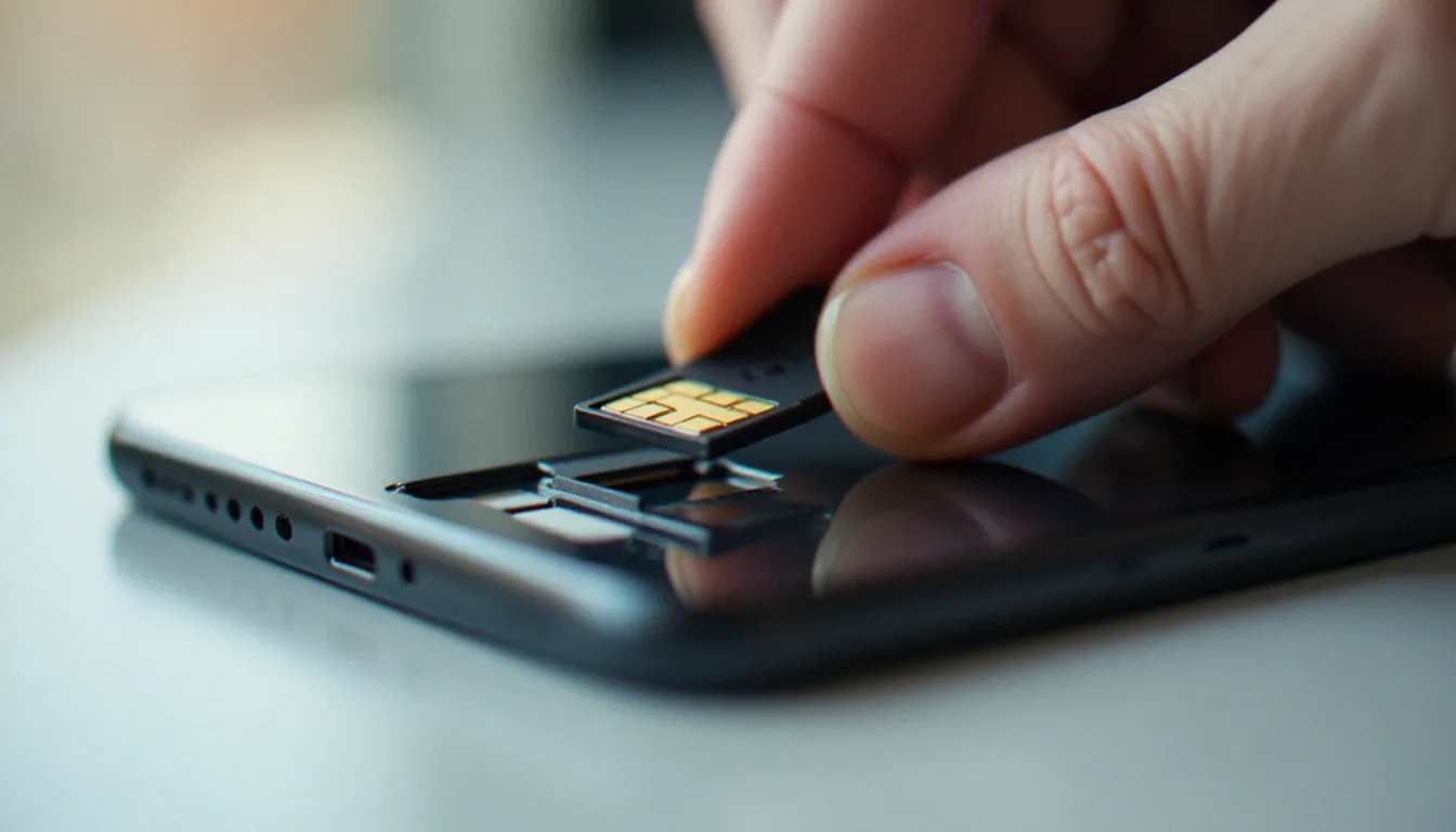 Insertion d'une carte SIM dans le compartiment d'un smartphone, étape d'activation d'une carte prépayée mobile