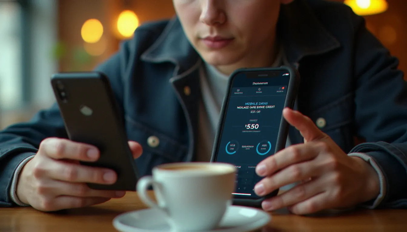Une personne consultant le solde et la consommation de sa carte prépayée sur son smartphone dans un café, gestion de forfait mobile prépayé