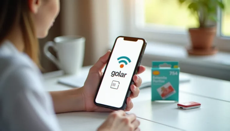 Une main tenant un smartphone moderne avec une carte SIM prépayée posée sur une table, illustration d'un mobile avec carte prépayée
