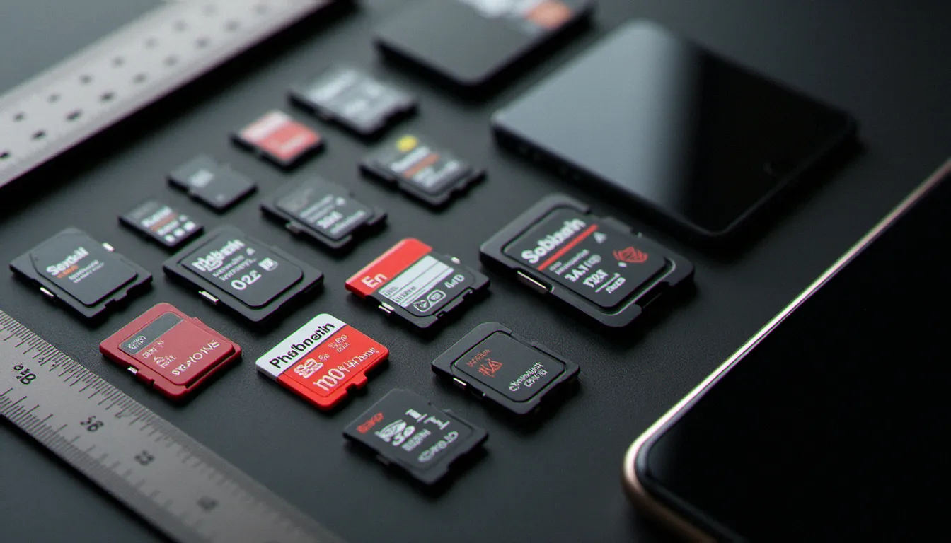 Comparaison de plusieurs cartes SD de différentes capacités et marques posées sur une surface sombre à côté d'un smartphone, pour choisir la bonne carte pour son mobile