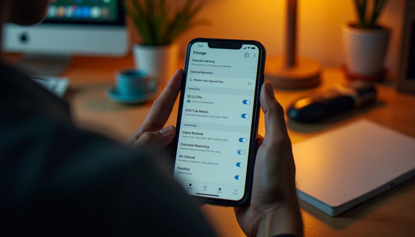 Vue par-dessus l'épaule d'un utilisateur configurant le stockage de son mobile avec carte SD depuis les paramètres Android dans un bureau à domicile