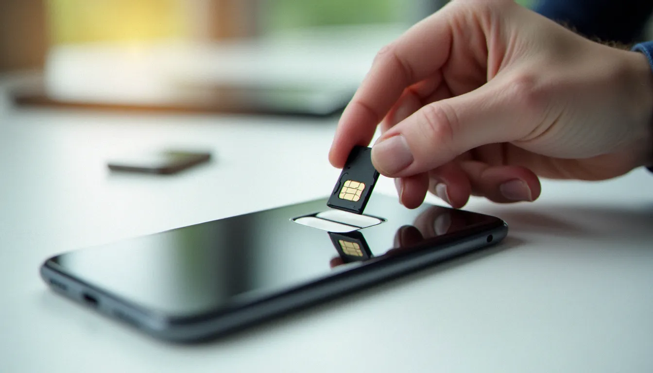 Insertion d'une carte SD dans le tiroir d'un mobile avec carte SD posé sur un bureau blanc éclairé en lumière naturelle