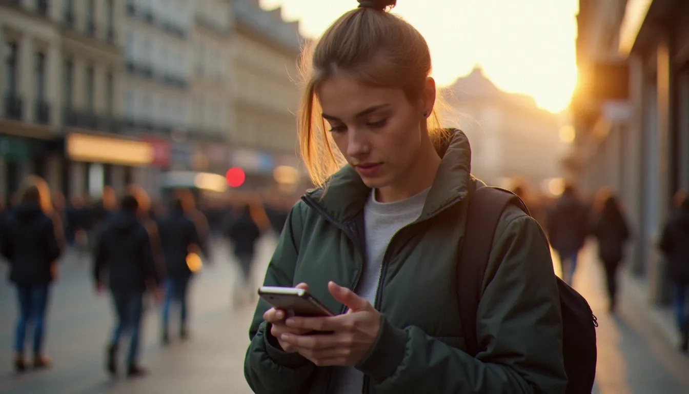 Utilisateur testant la 5G Free Mobile en milieu urbain avec un smartphone compatible réseau Free