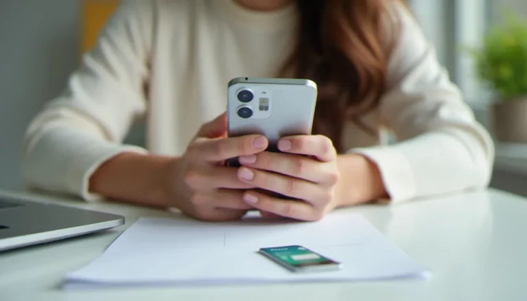 Mains tenant un smartphone compatible avec un mobile avec forfait Free, carte SIM posée à côté sur un bureau blanc