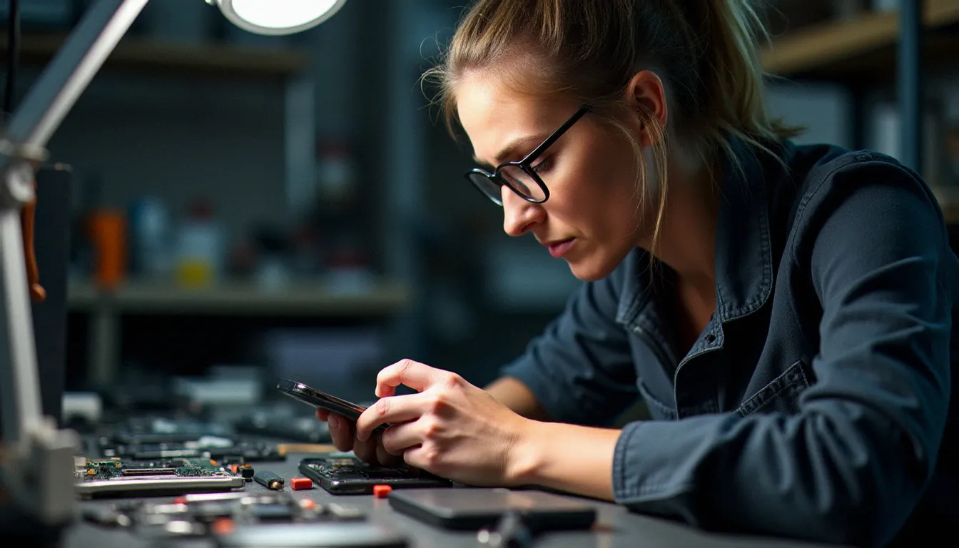Technicienne mobile examinant les composants internes d'un smartphone dans un atelier de réparation à Grenoble
