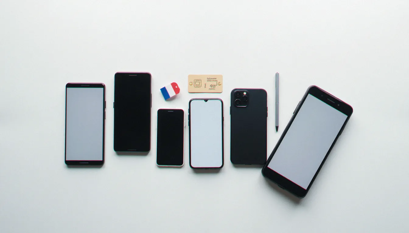 Vue de dessus de plusieurs smartphones compatibles avec les forfaits Sosh, carte SIM et éléments représentant les offres mobiles en France