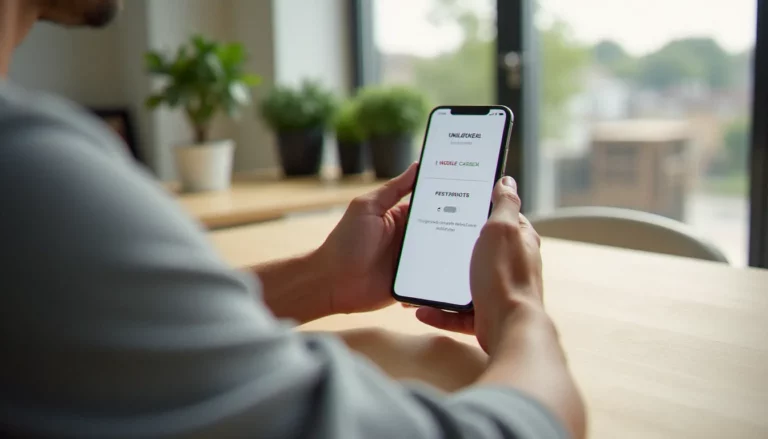 Mains tenant un smartphone débloqué pour activer un mobile avec forfait Sosh, éclairage naturel, ambiance appartement moderne