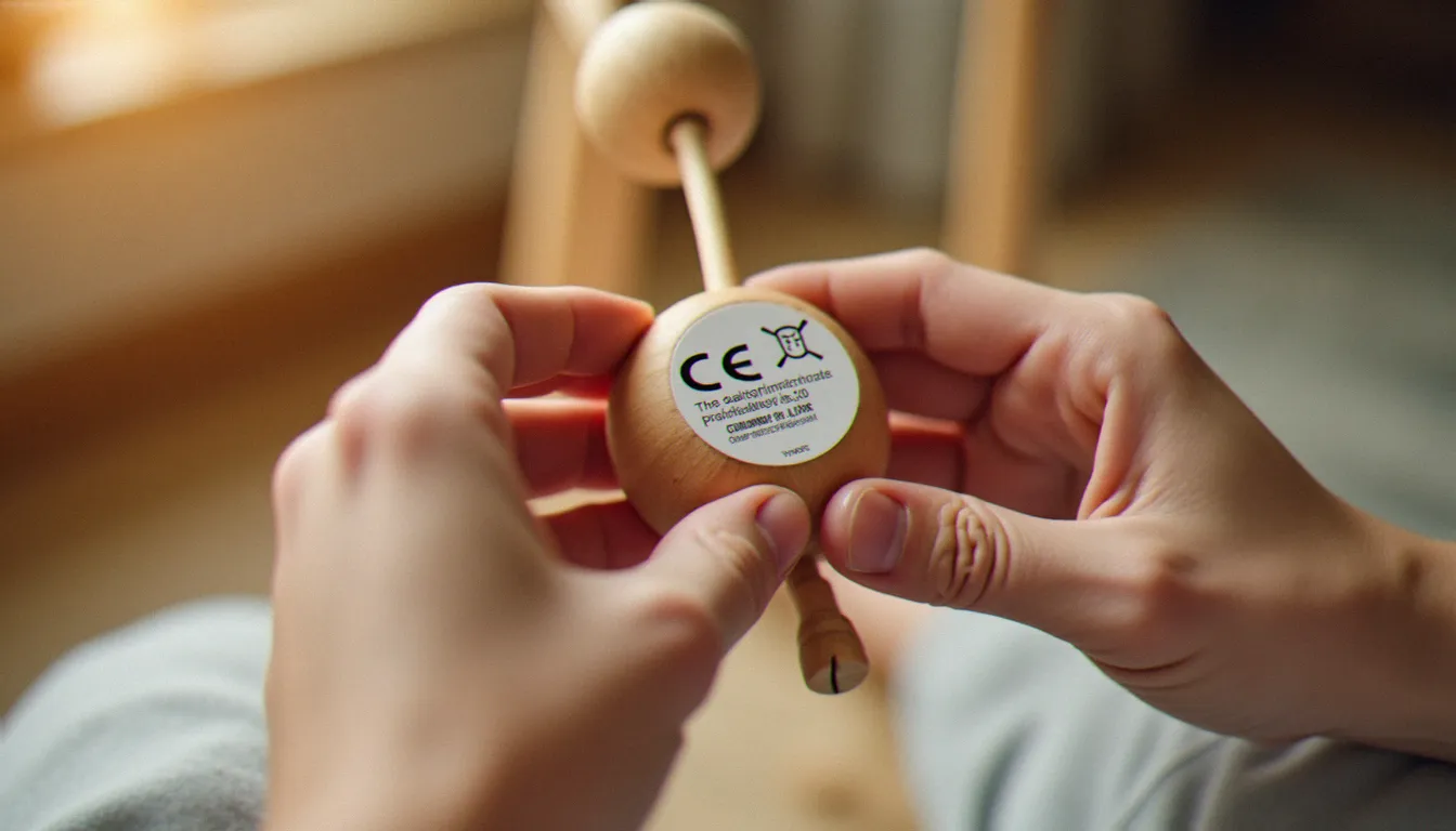 Inspection d'un label de certification CE sur un élément de mobile bébé en bois naturel tenu entre les mains d'un parent