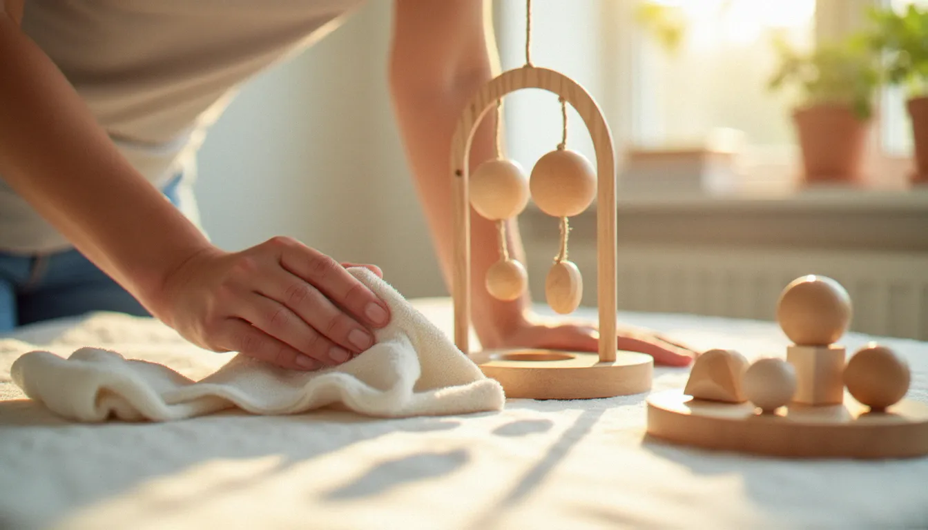Entretien d'un mobile bébé bois naturel avec un chiffon en microfibre dans une chambre d'enfant ensoleillée