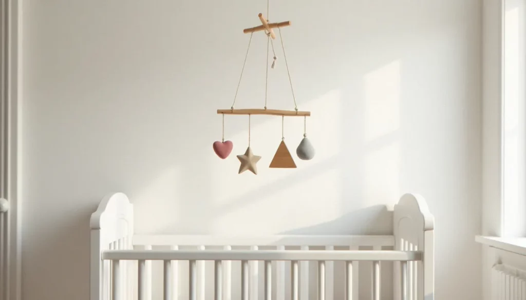 Mobile bébé bois naturel en hêtre avec formes géométriques suspendues au-dessus d'un berceau blanc dans une chambre lumineuse