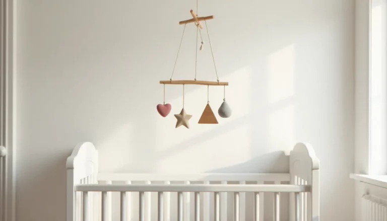 Mobile bébé bois naturel en hêtre avec formes géométriques suspendues au-dessus d'un berceau blanc dans une chambre lumineuse