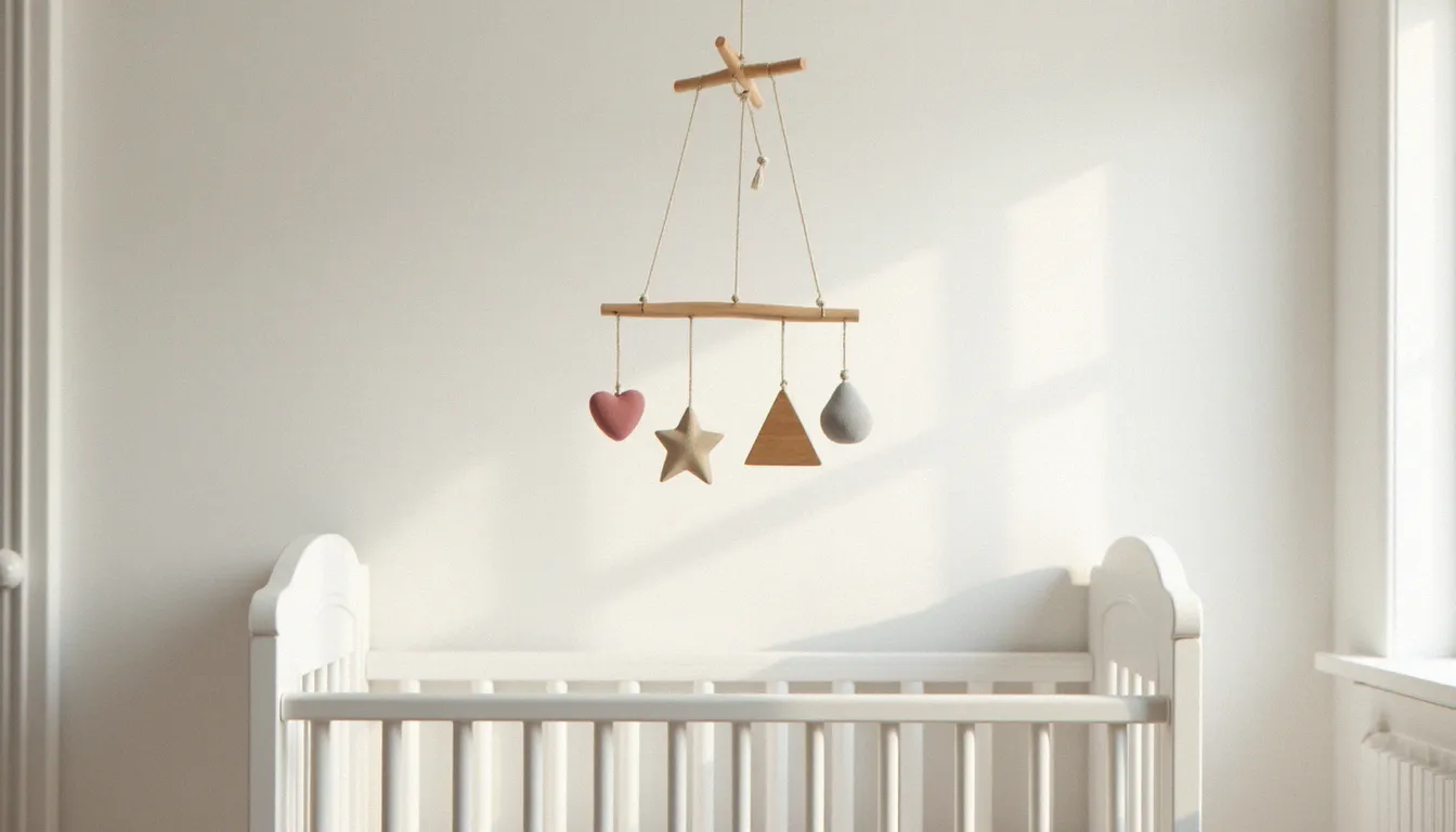 Mobile bébé bois naturel en hêtre avec formes géométriques suspendues au-dessus d'un berceau blanc dans une chambre lumineuse