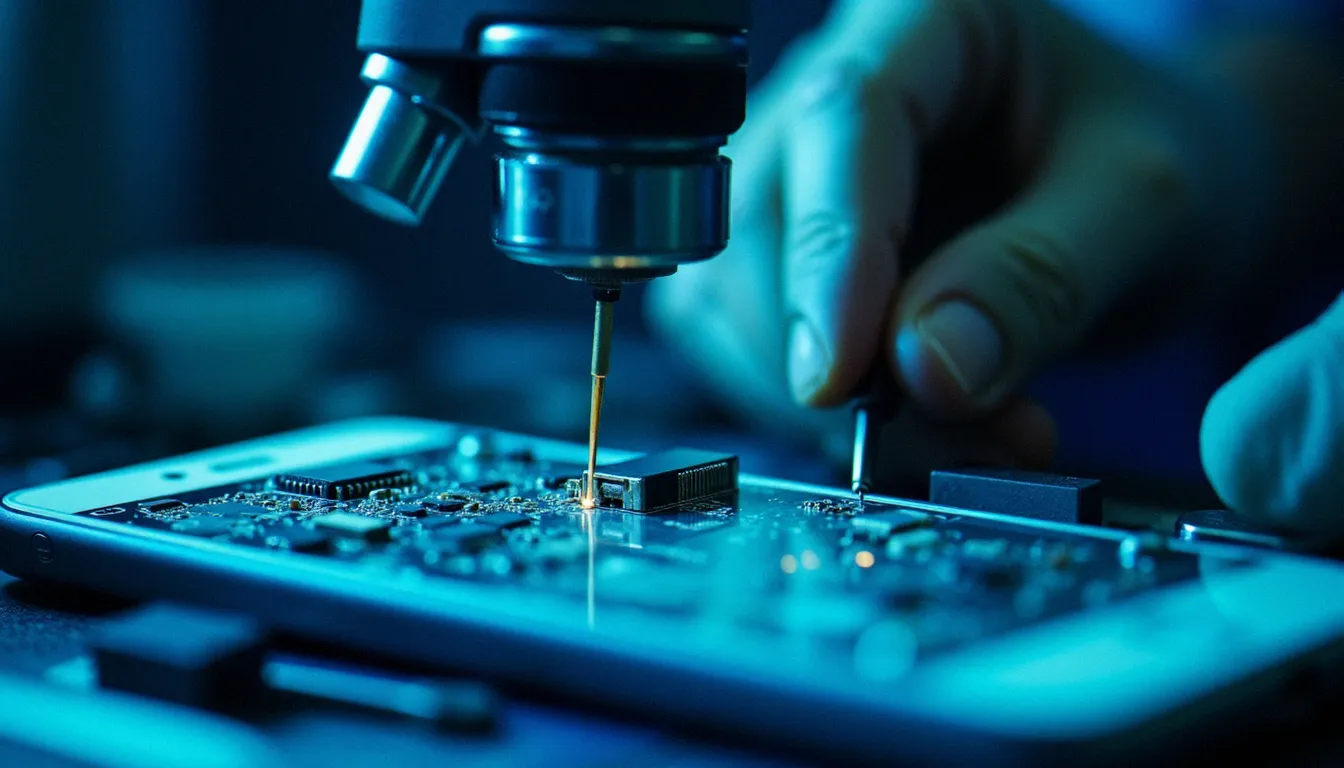Inspection de carte logique de smartphone sous microscope lors d'un audit BLS en atelier de micro-soudure professionnel