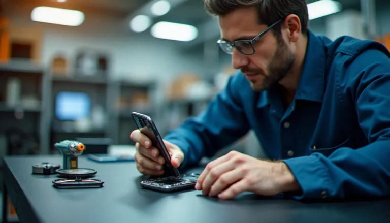 Technicienne mobile réalisant un diagnostic BLS complet sur un smartphone démonté dans un atelier de réparation professionnel