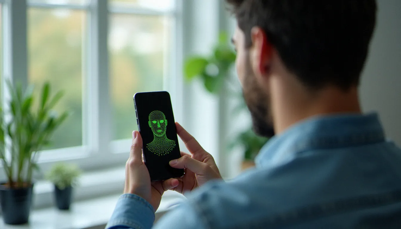 Reconnaissance faciale active sur smartphone avec points de détection illustrant le fonctionnement du service biométrique BLS