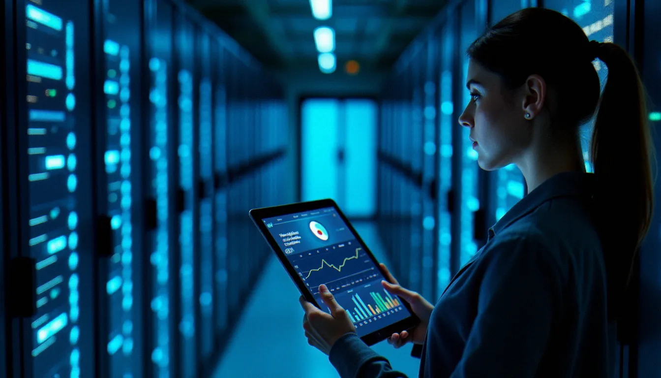 Professionnelle informatique analysant un tableau de bord de sécurité biométrique mobile pour le déploiement d'un service BLS en entreprise