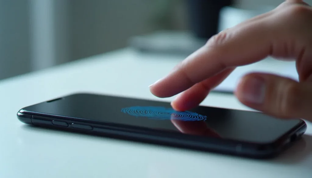 Capteur biométrique d'empreinte digitale sur smartphone illustrant le mobile biometric service BLS en action