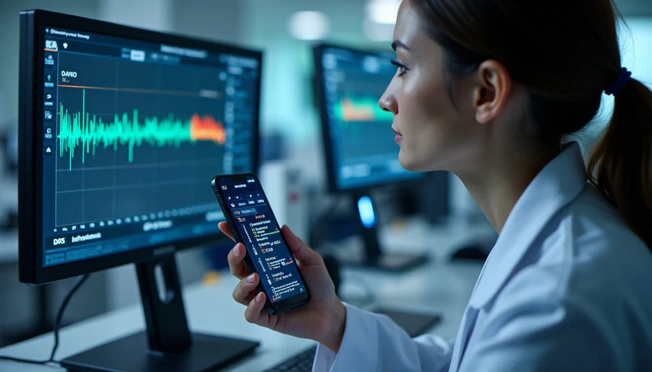 Un technicien mesurant le débit d'absorption spécifique d'un smartphone dans un laboratoire d'analyse des ondes électromagnétiques