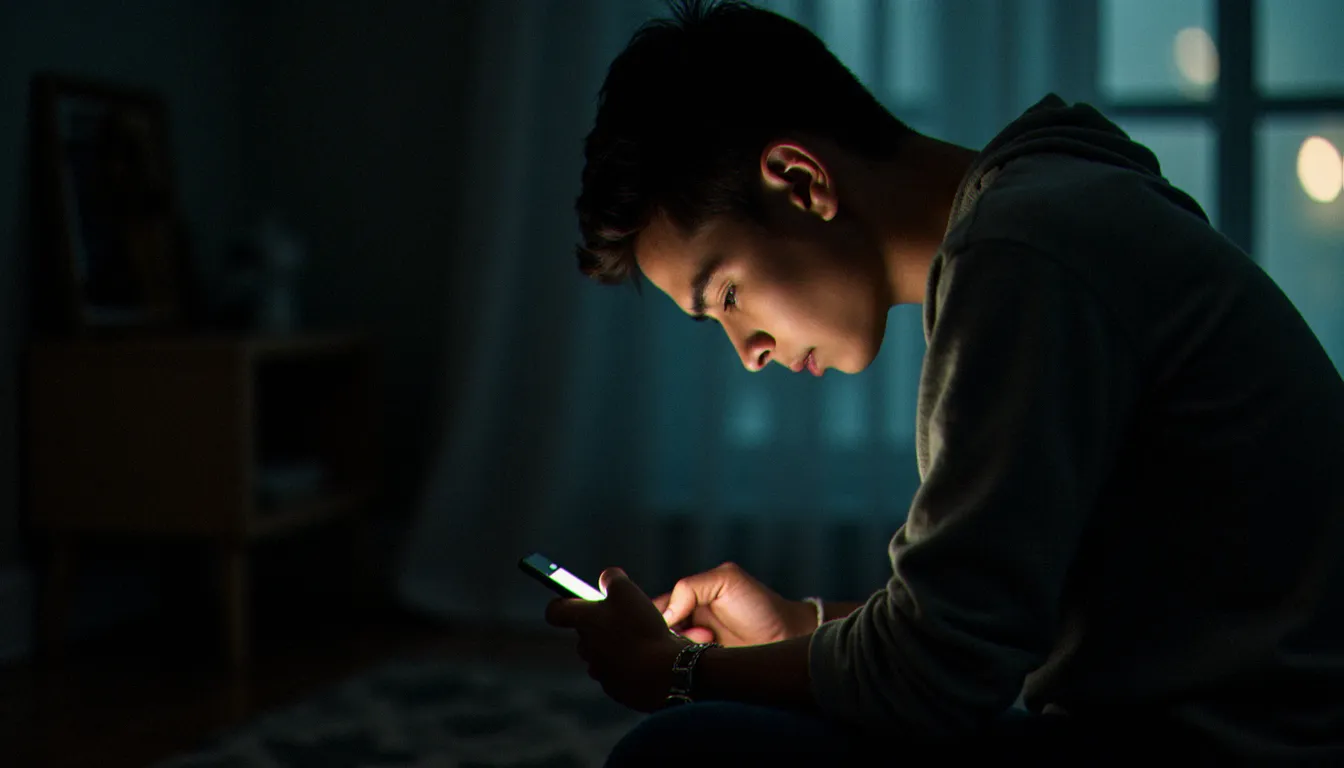 Une personne adoptant une mauvaise posture en utilisant son smartphone le soir, illustrant le text neck syndrome et les effets posturaux du mobile
