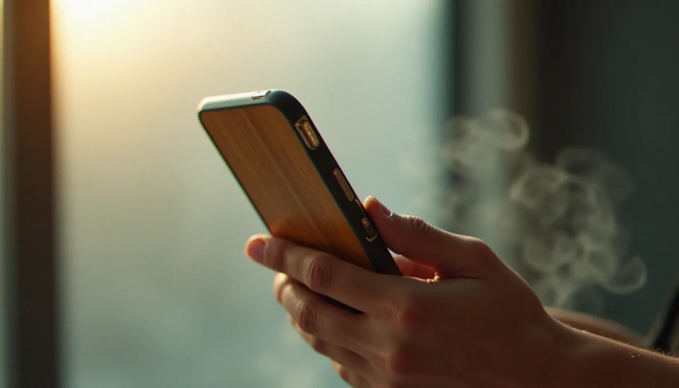 Main tenant un smartphone à coque effet bambou dans une salle de bain avec vapeur visible, illustrant la résistance à l'humidité
