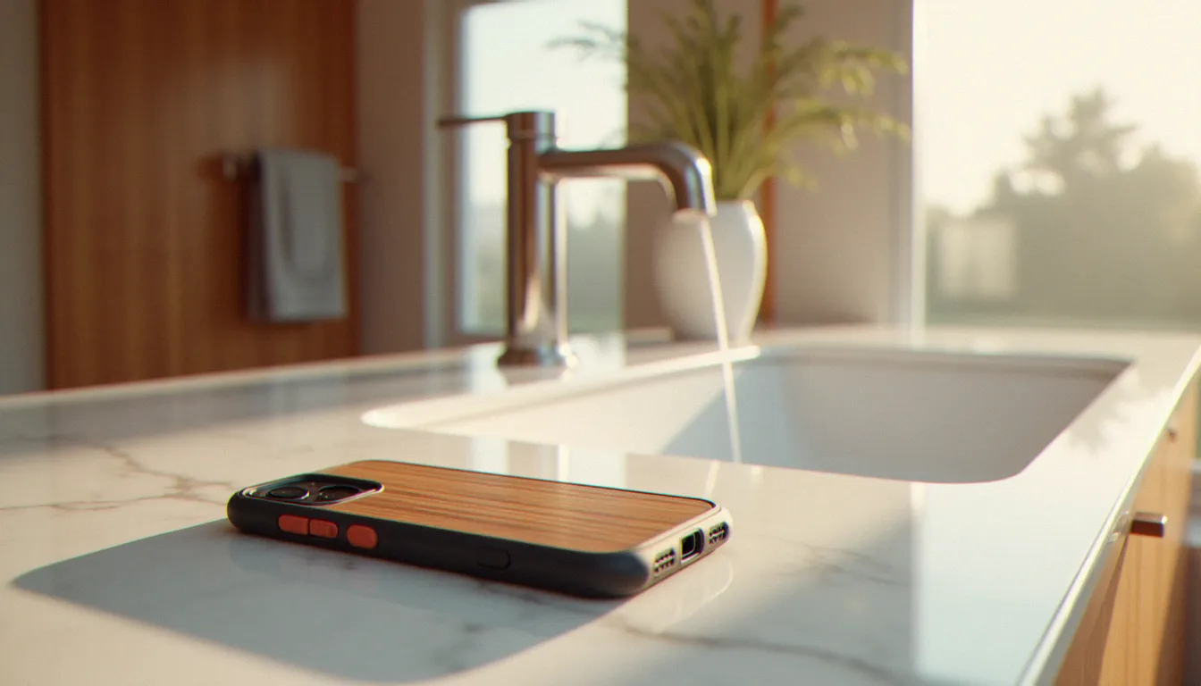 Smartphone avec coque mobile effetto legno bagno en noyer posé sur un plan de vasque en marbre blanc dans une salle de bain moderne