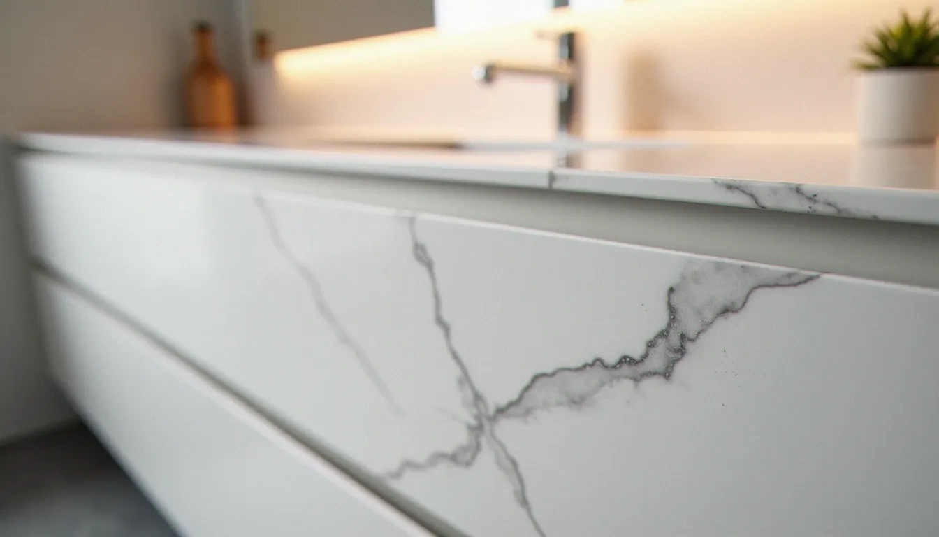 Gros plan sur la surface d'un panneau HPL effet marbre blanc et gris pour meuble de salle de bain, illustrant la résistance à l'eau et la précision des veines reproduites