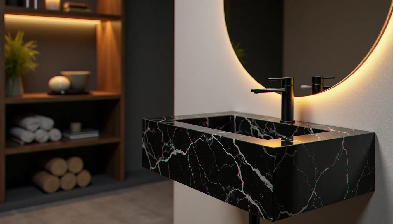 Petite salle de bain avec un mobile effetto marmo bagno noir Marquina suspendu de 60 cm, robinet noir mat et miroir rond à cadre doré, optimisé pour un espace compact