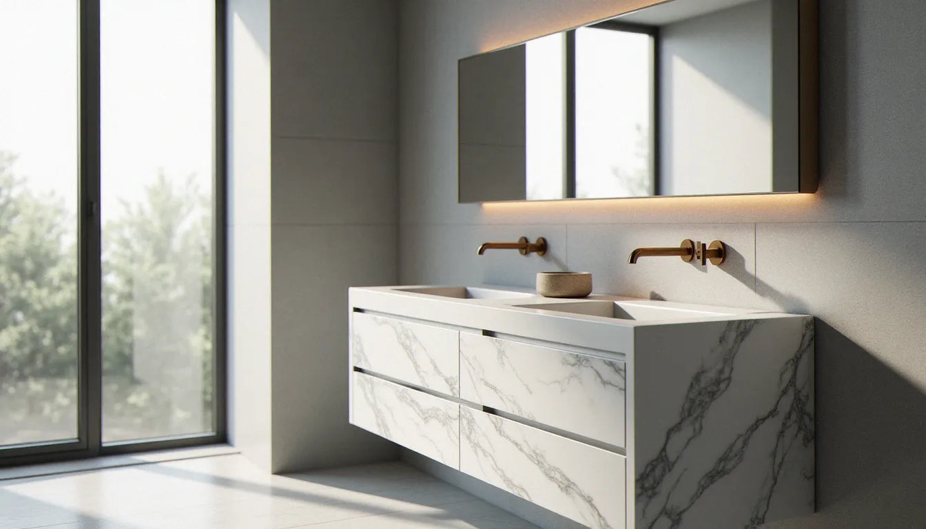 Meuble de salle de bain mobile effetto marmo bagno blanc effet marbre Carrare avec double vasque et robinetterie laiton brossé dans une salle de bain moderne lumineuse
